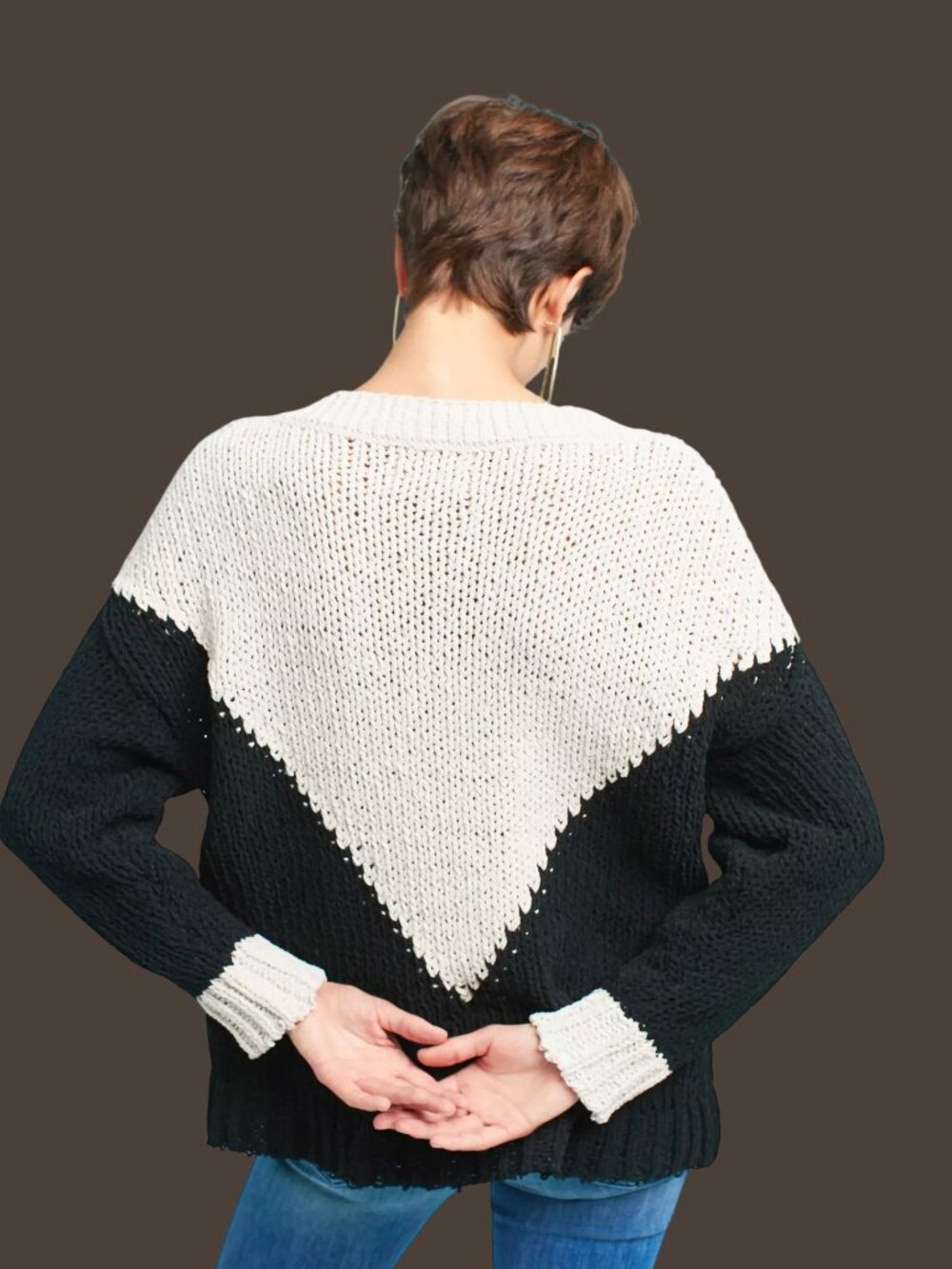 Anthropologie Moon River Colorblock Chenille V Neck Sweater Black White Small - Picture 5 of 10